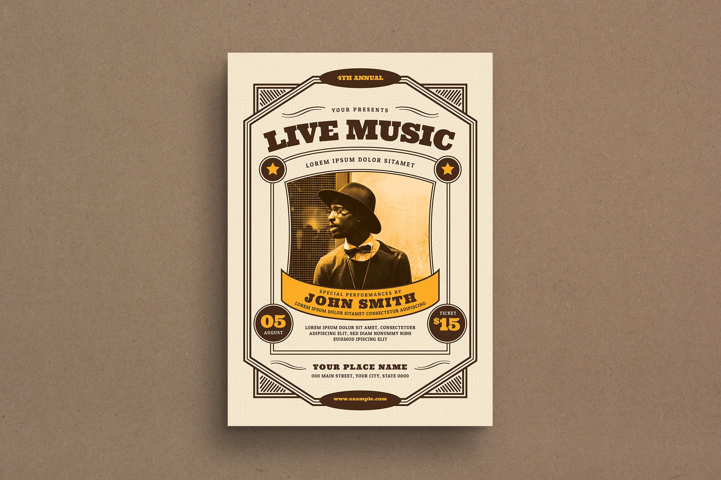 复古风格音乐演出活动海报传单设计模板 Vintage Live Music Event Flyer插图