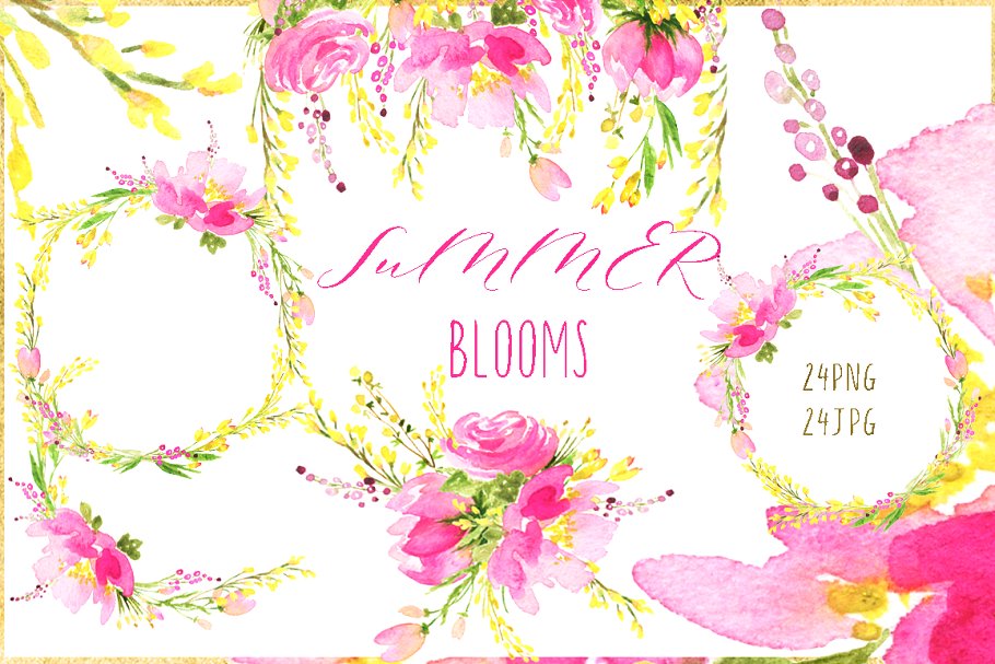 桃红色水彩花卉剪贴画 Hot pink blooms. Premium watercolors插图(1)