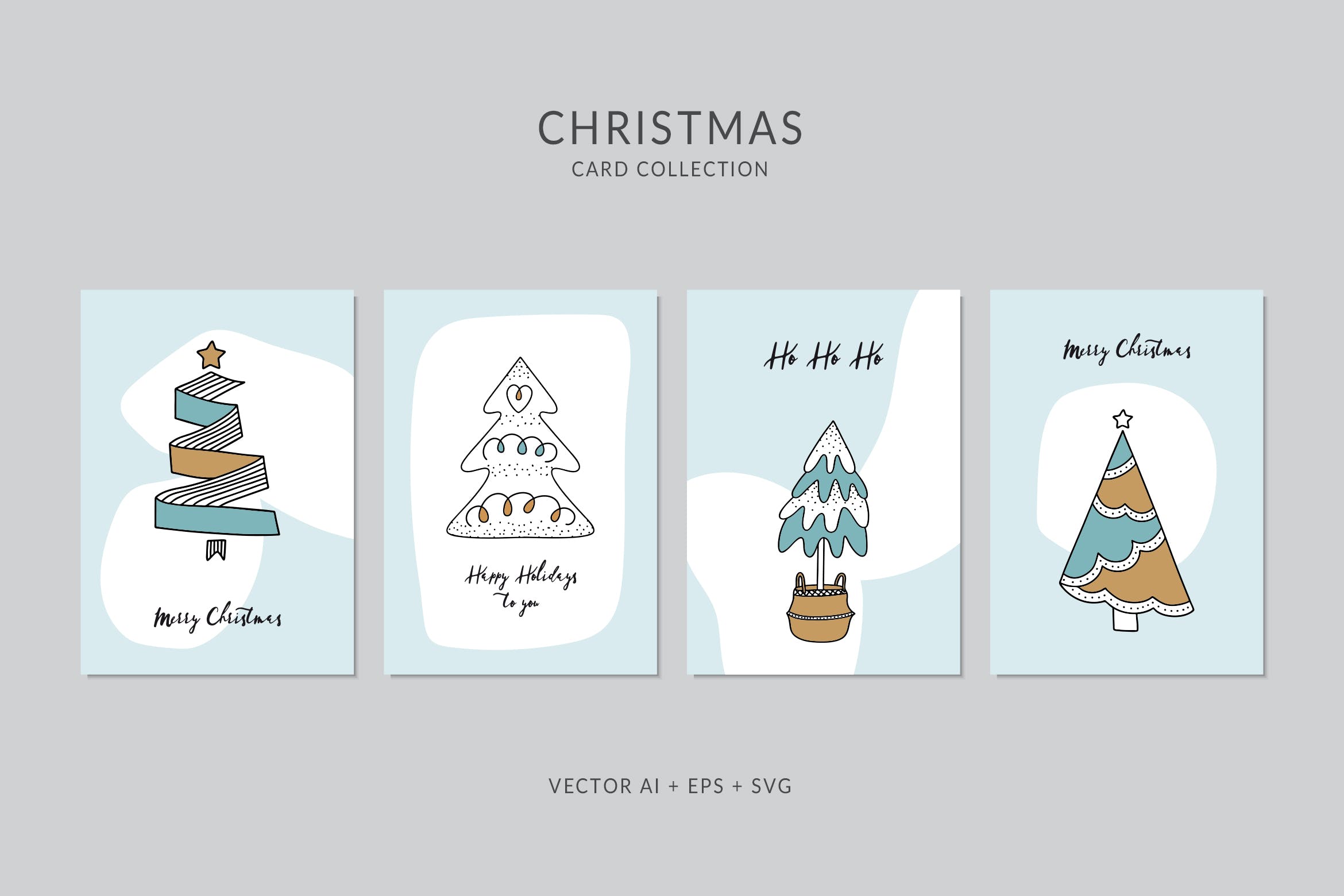 创意圣诞树手绘图案圣诞节贺卡矢量设计模板集v2 Christmas Greeting Card Vector Set插图