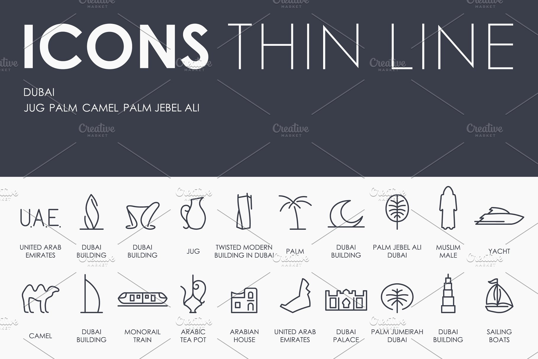 迪拜主题细线图标 Dubai thinline icons插图