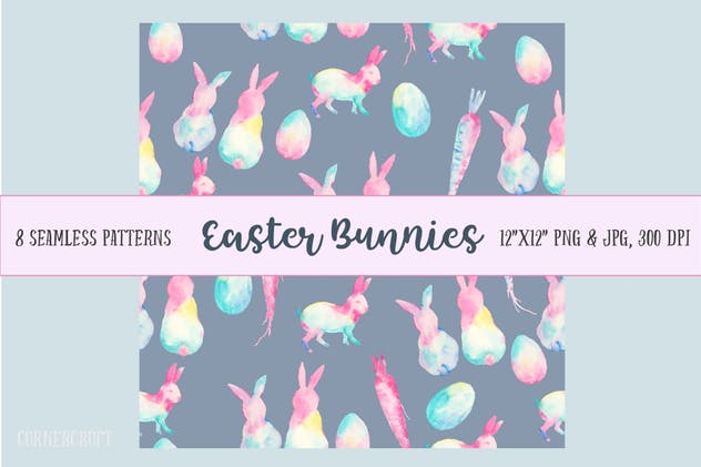 复活节兔子水彩矢量图案设计套装 Watercolor Easter Bunnies Design Kit插图(5)