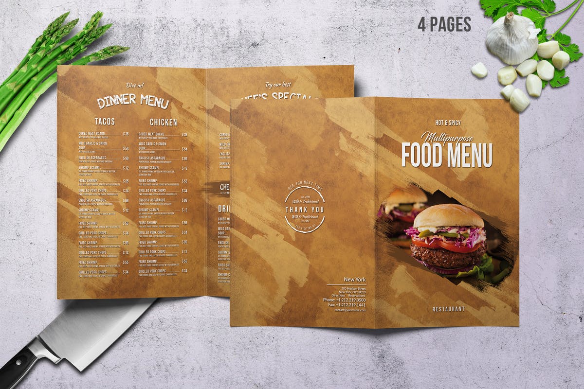 经典多用途双折页汉堡店菜单PSD模板 Multipurpose Food Menu – Bifold – A4 & US Letter插图