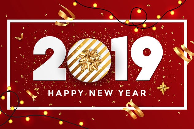 2019年新年猪年大红色贺卡设计模板 Happy New Year 2019 Greeting Cards插图(2)