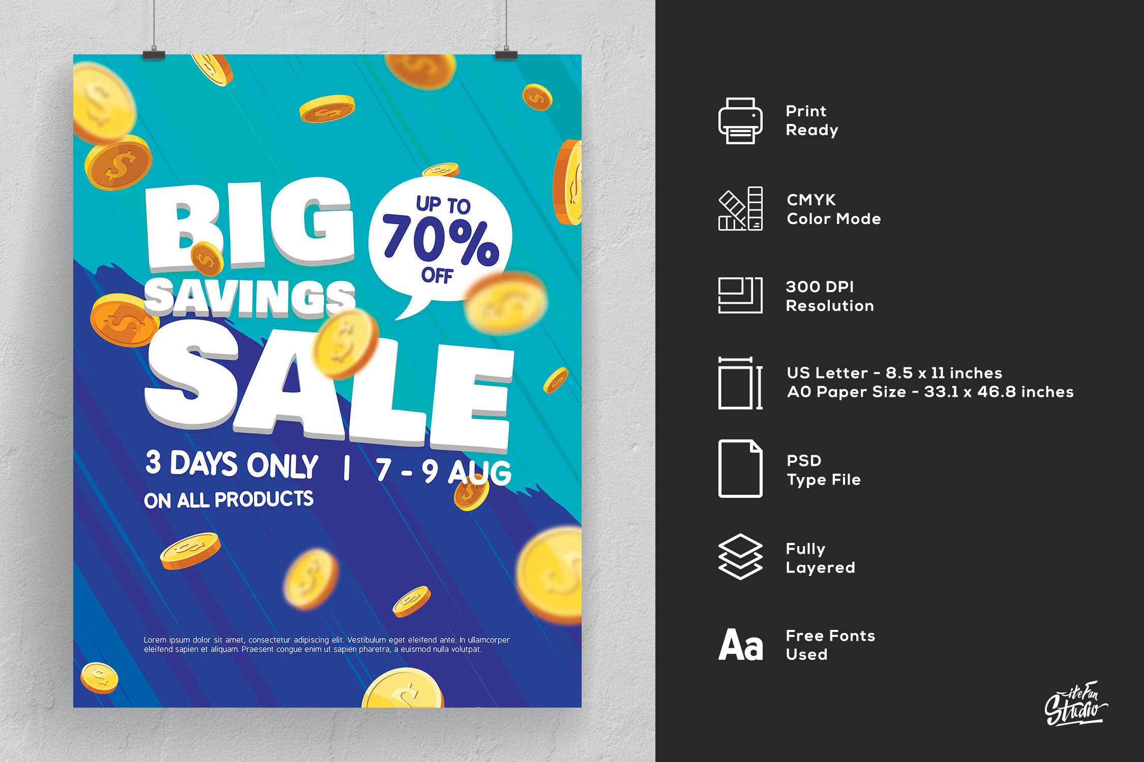天降金币大型促销活动海报设计模板 Falling Coins Big Savings Sale Poster And Flyer插图(4)