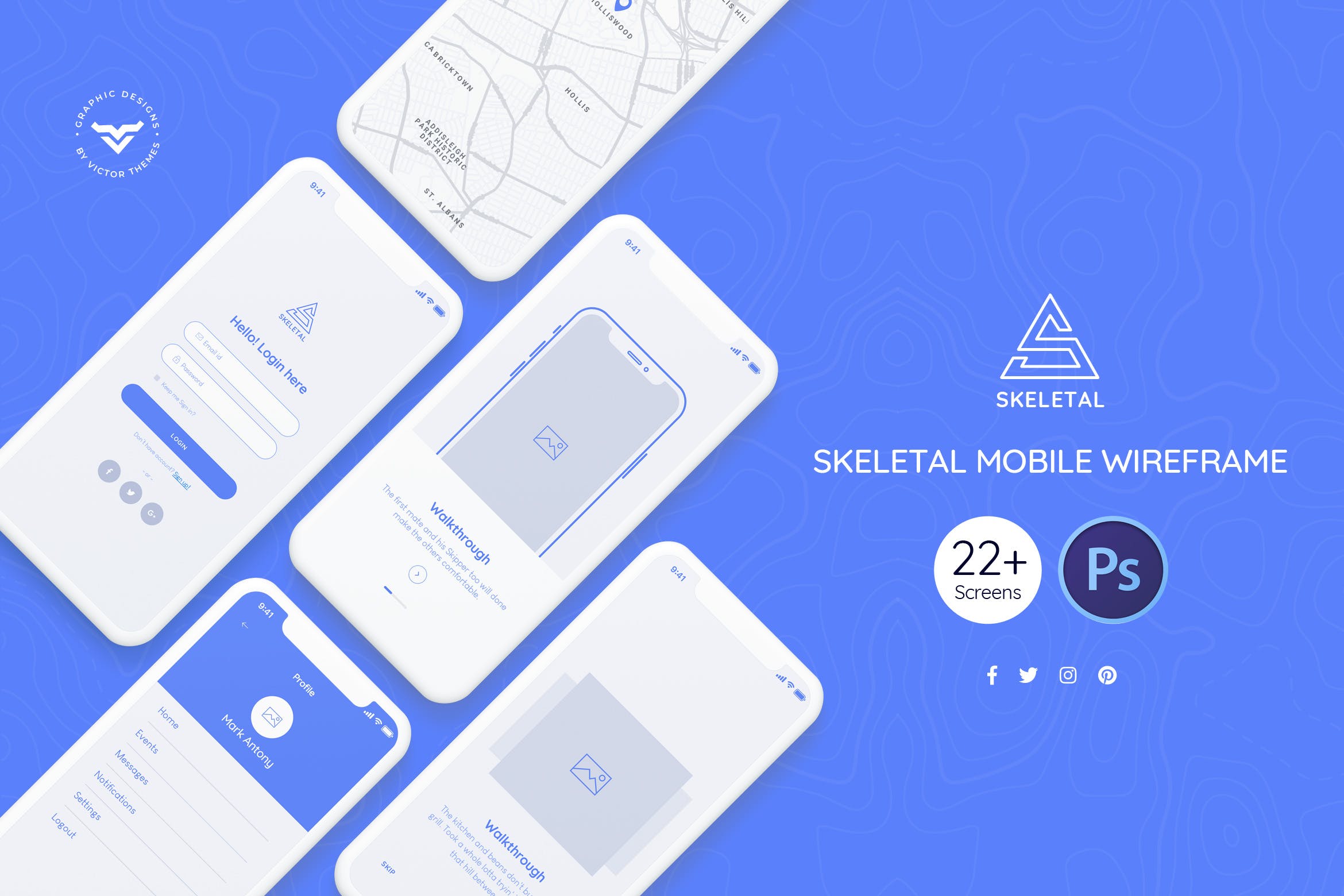 22个移动APP应用线框图设计PSD模板 Skeletal Mobile Wireframe Kit插图