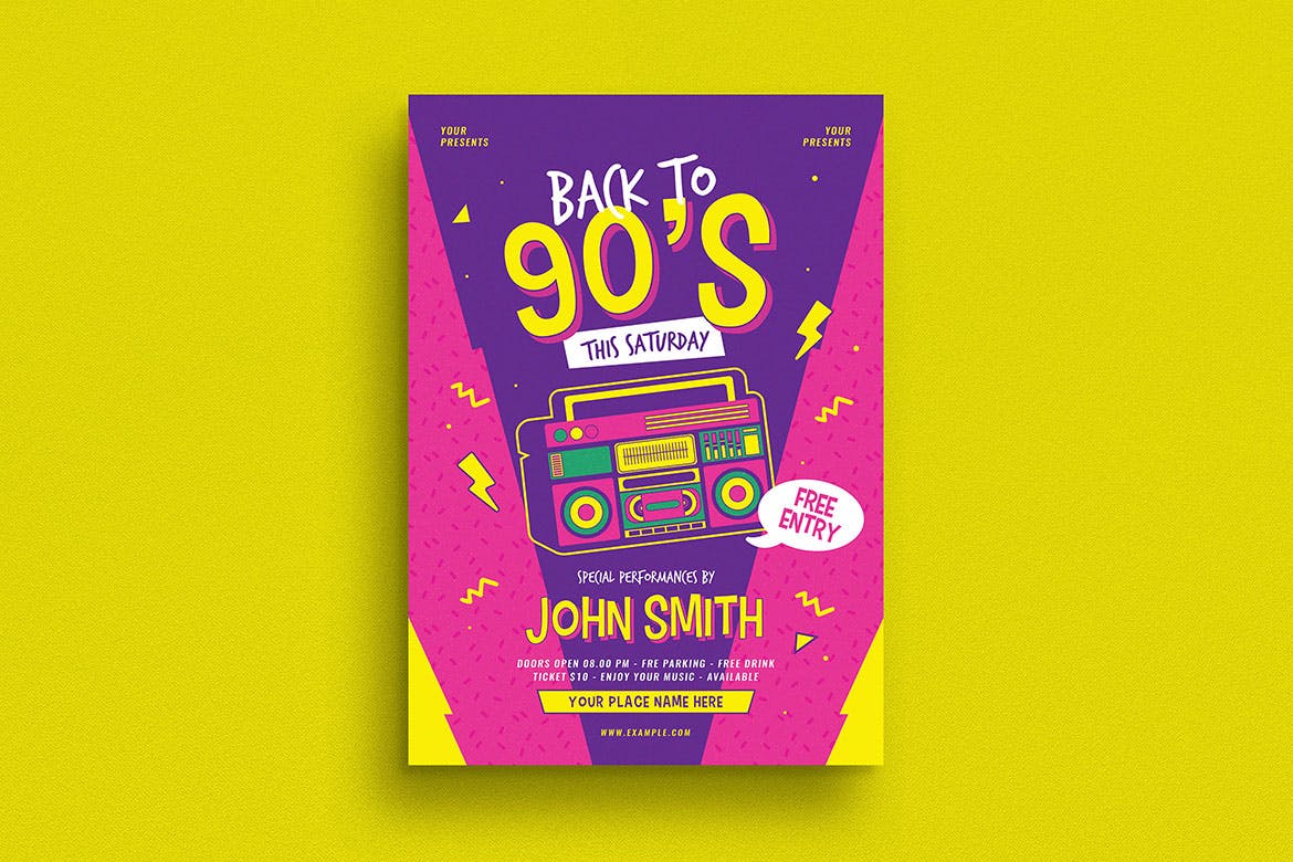 90年代广播音乐主题孟菲斯风格海报传单设计模板 90s Radio Music Flyer插图(1)