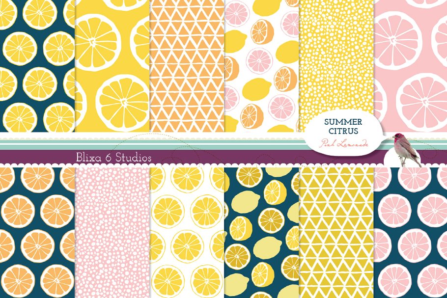 充满夏季气息的柑橘和柠檬图案纹理 Summer Citrus Digital Lemon Patterns插图