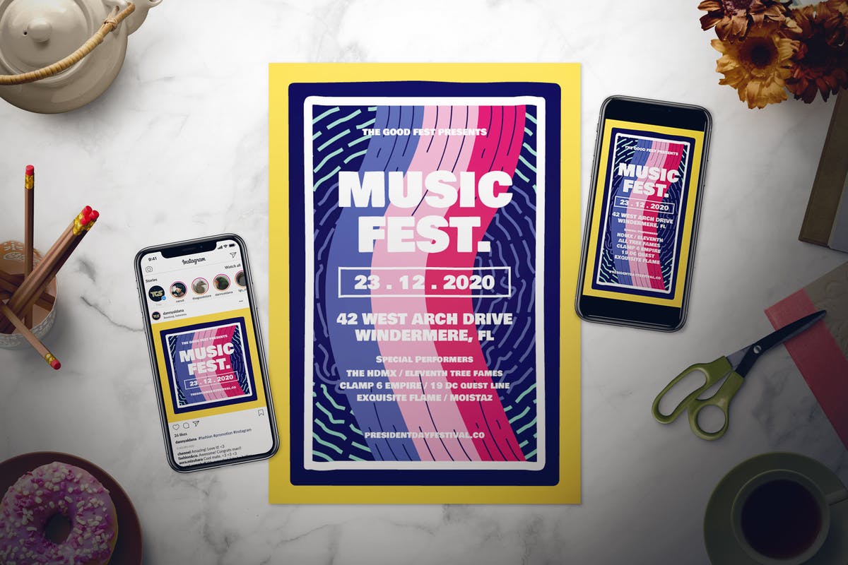 流行音乐节活动海报设计PSD模板套装 Music Festival Flyer Set插图