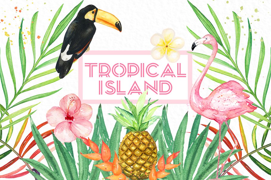 热带岛屿水彩剪贴画 Tropical islands. watercolor clipart插图