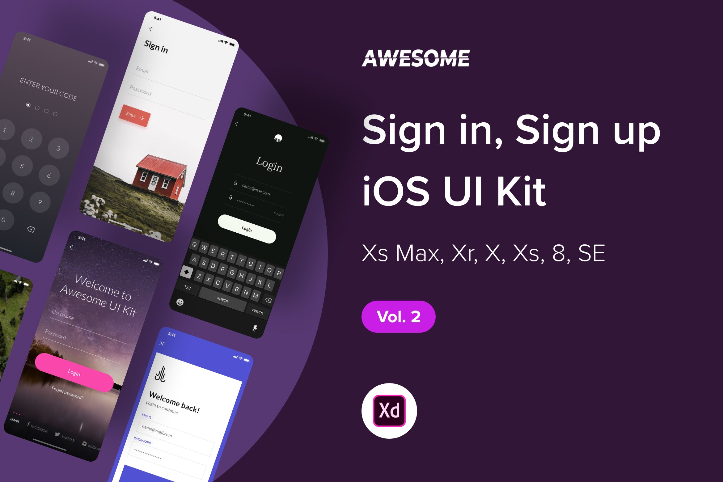 iOS平台APP应用注册登录界面设计XD模板v2 Awesome iOS UI Kit – Sign in, Sign up Vol. 2 (XD)插图