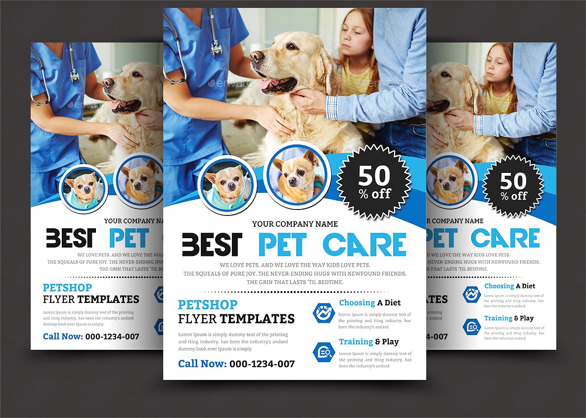 宠物医院护理机构宣传传单模板 Pet Care Flyer Templates插图