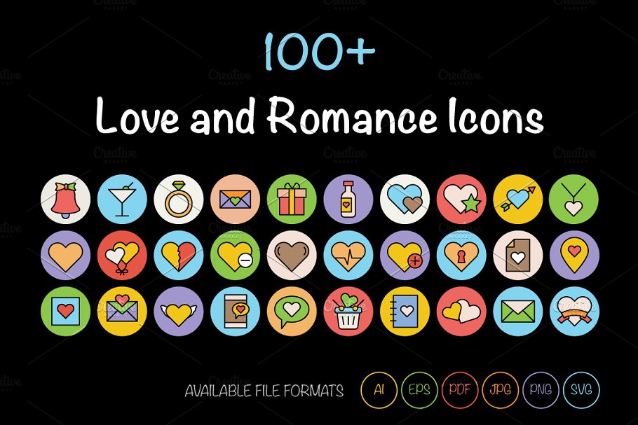 100+爱情浪漫主题矢量图标 100+ Love and Romance Vector Icons插图