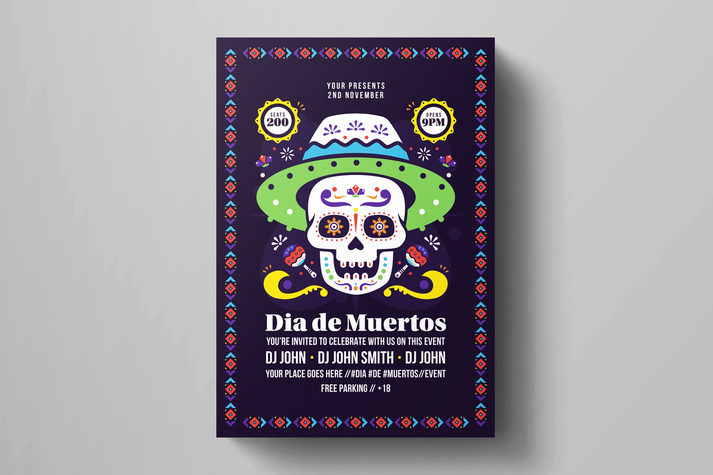 墨西哥亡灵节音乐派对活动海报模板 Dia De Los Muertos Flyer Template插图