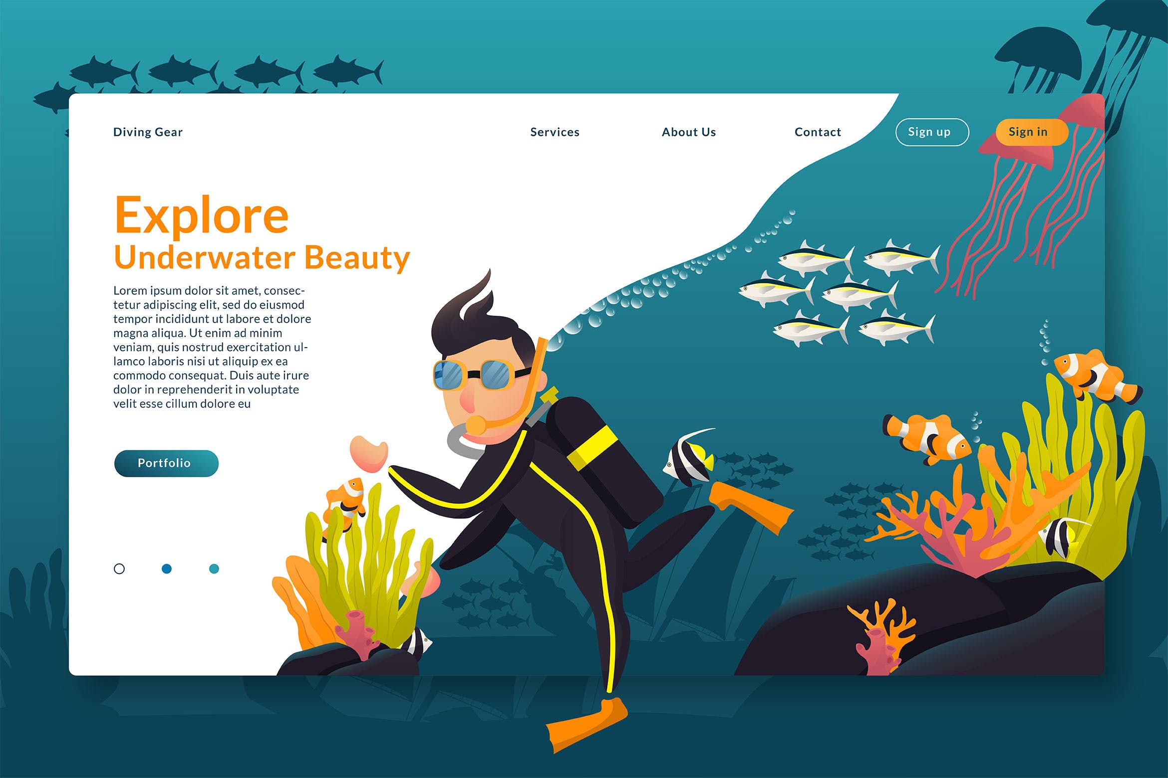 海底探索场景网站设计概念插画设计素材 Explore Underwater – Web Header & Vector GR插图