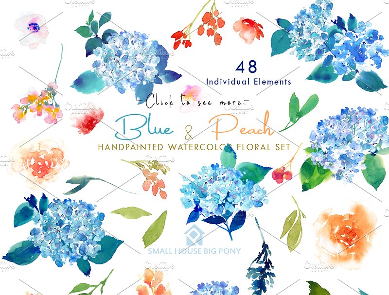 蓝色和桃色-水彩花卉元素套装 Blue & Peach- Watercolor Floral Set插图(9)