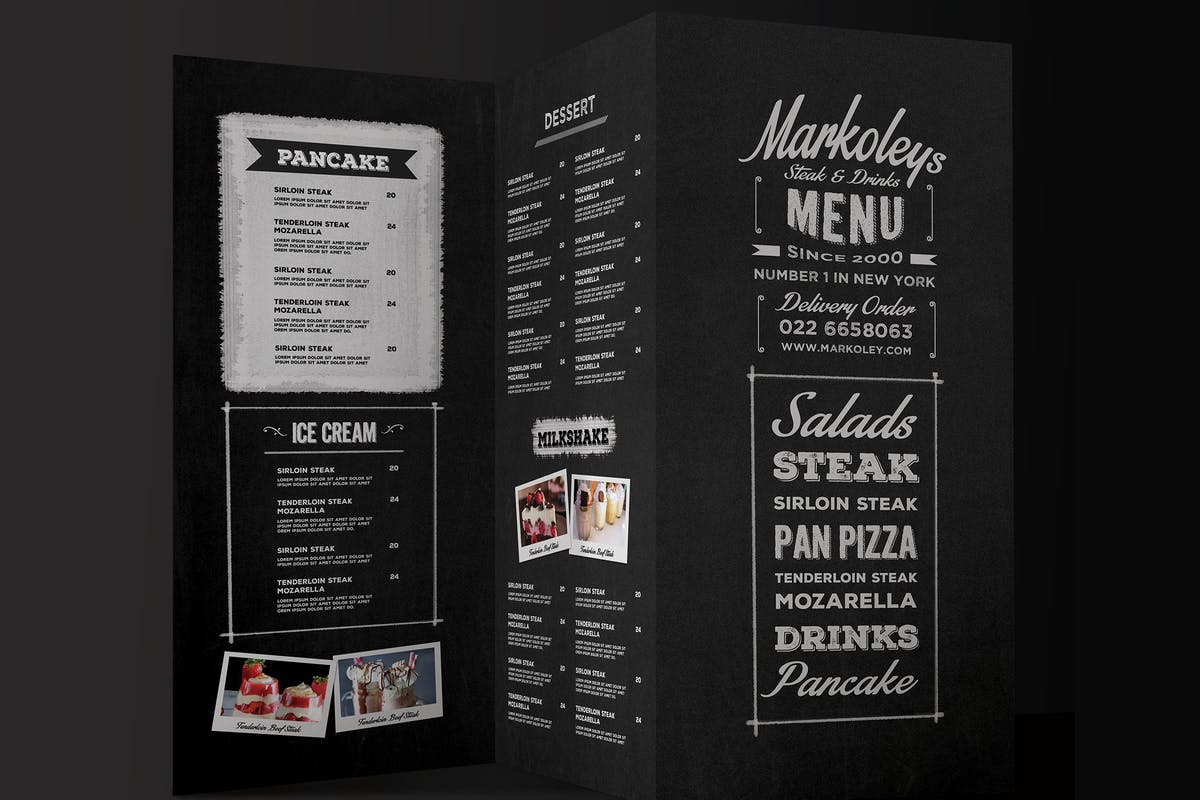 黑板画西式餐厅菜单模板 Trifold Typography Blackboard Menu插图