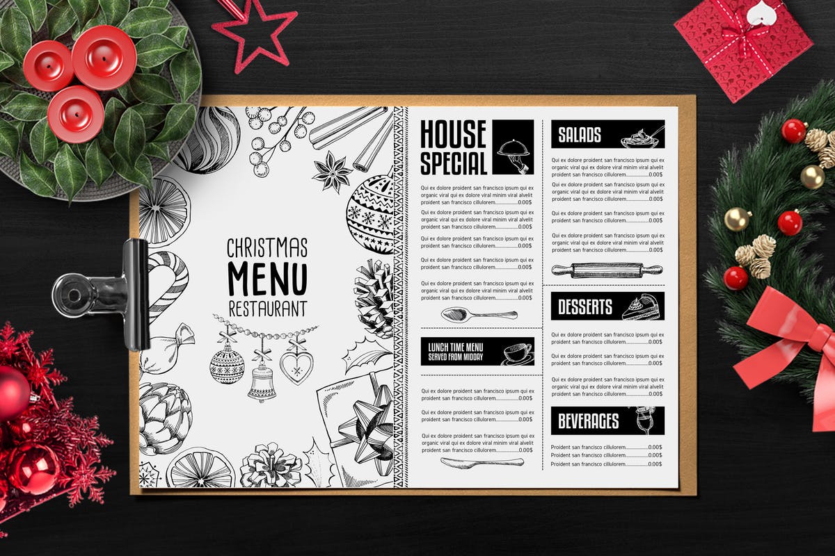 圣诞节主题菜单PSD设计模板 Christmas Menu Restaurant Template插图