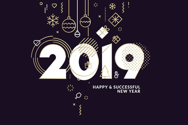 2019年数字新年贺卡设计模板[深色背景版本] Business Happy New Year 2019 Greeting Card插图(1)