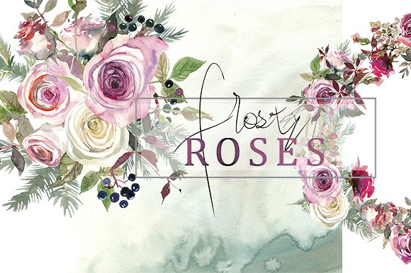 霜白玫瑰花水彩画设计素材 Frosty Roses Watercolor Flowers Set插图(4)