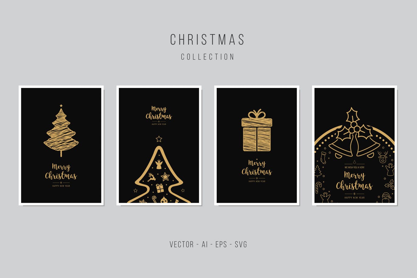 金色手绘图案背景圣诞节贺卡矢量设计模板集 Christmas Greeting Vector Card Set插图