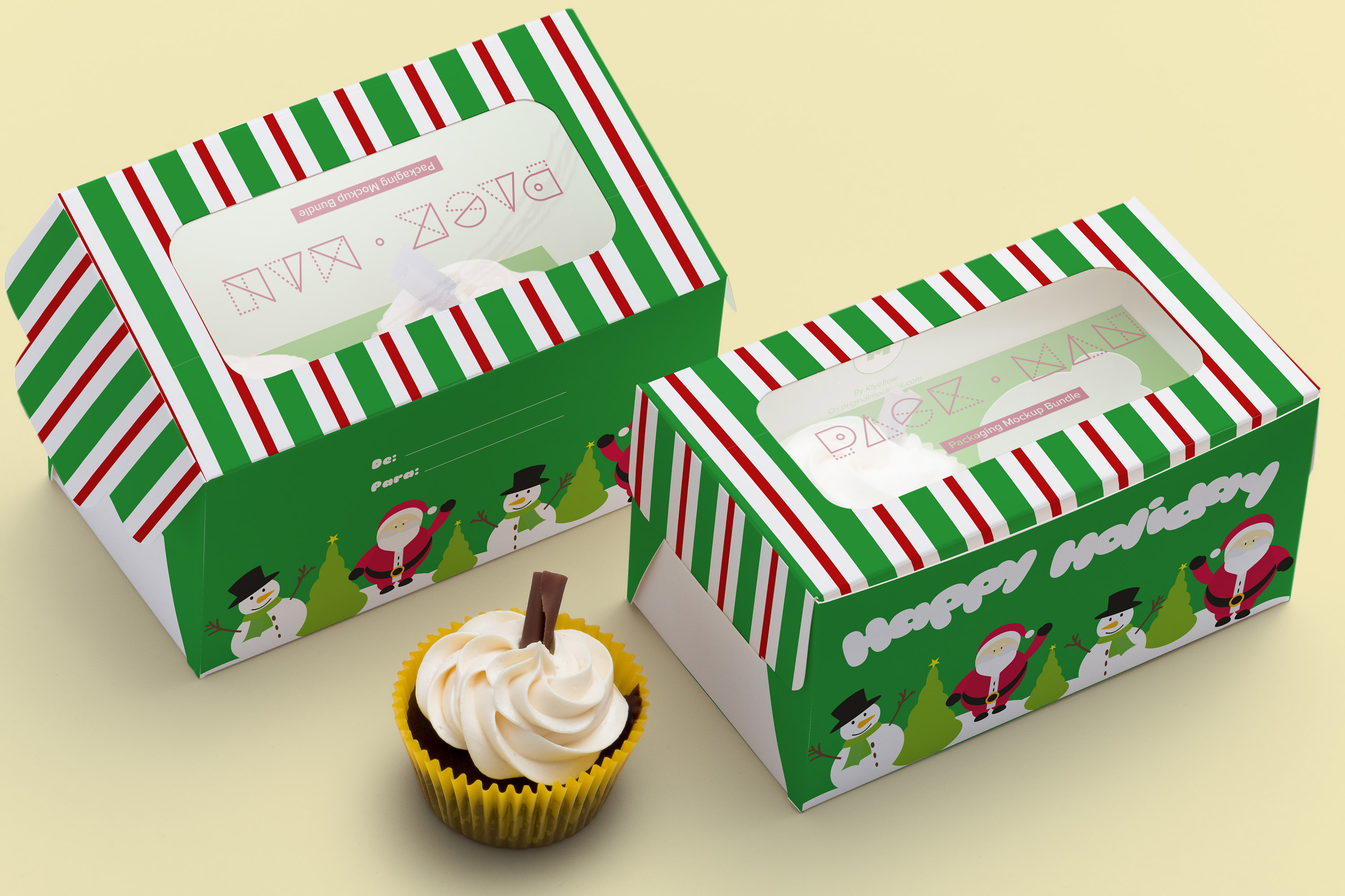 两只装纸杯蛋糕烘焙包装纸盒外观设计样机02 Two Cupcake Box Mockup 02插图(1)