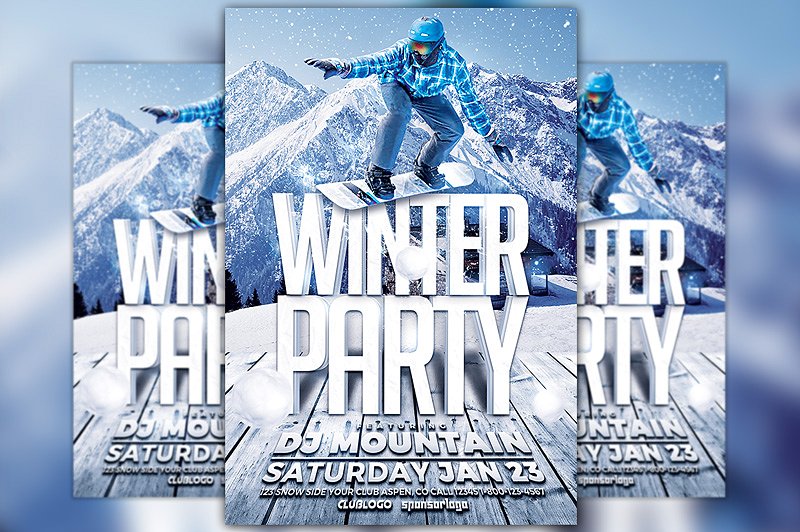 冬日滑雪俱乐部传单模板 Winter Party Flyer Template插图