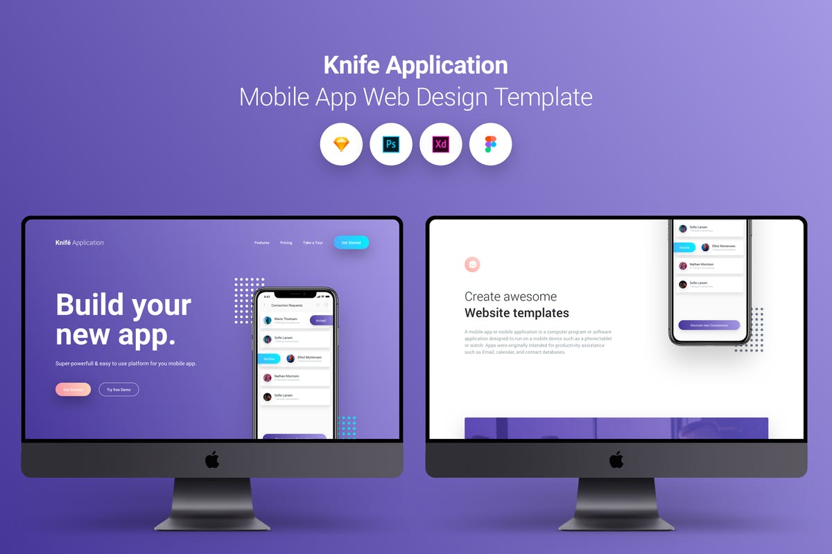 手机应用APP开发业务网站着陆页设计UI模板 Knife Application Mobile App Landing Page Temlate插图