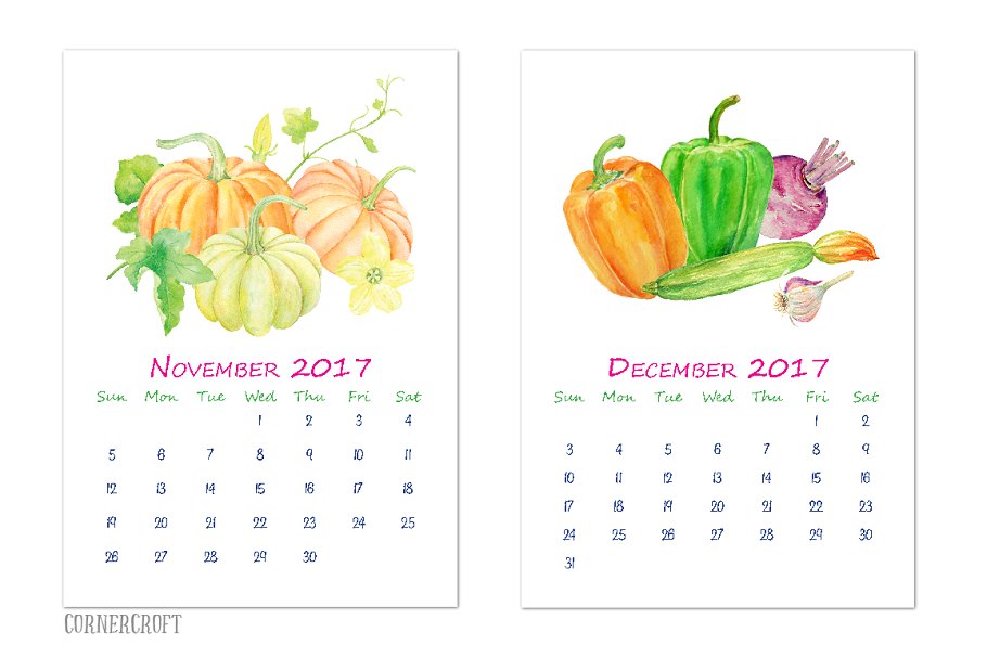 特色水彩瓜果蔬菜年历模板  Watercolor Vegetable Calendar插图(1)