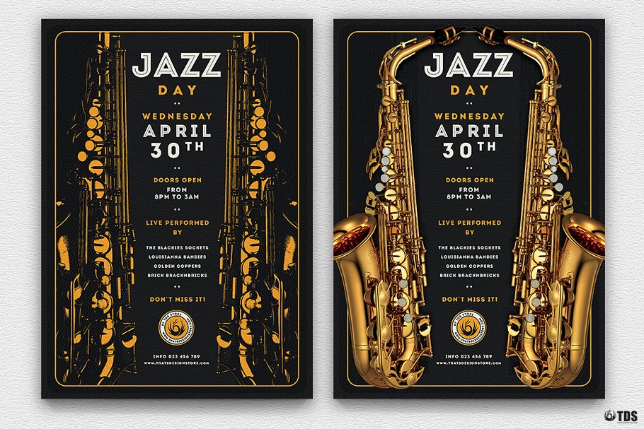 爵士音乐现场演奏会海报传单PSD模板V.2 Jazz Day Flyer PSD V2插图(1)
