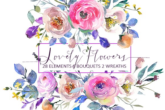 粉红水彩花卉设计素材集 Pink Watercolor Flowers Collection插图