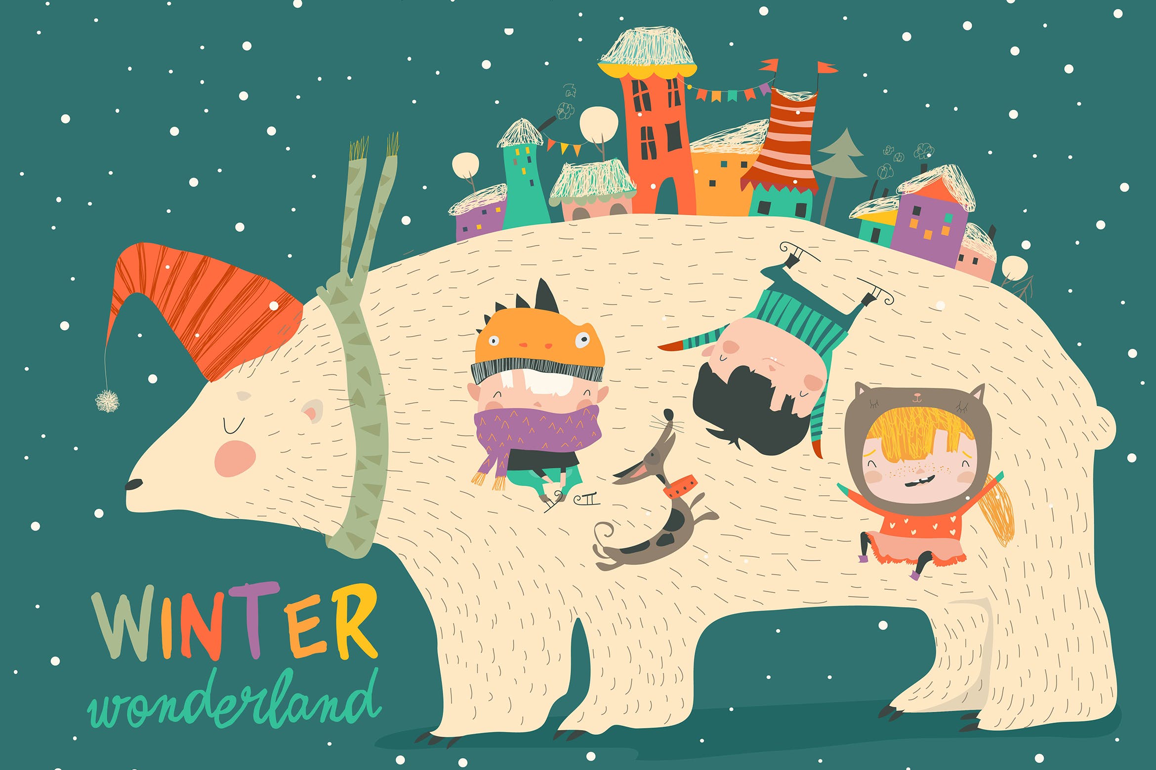 北极熊与小孩圣诞节主题矢量手绘设计素材 Cute kids celebrating Christmas with big polar bea插图