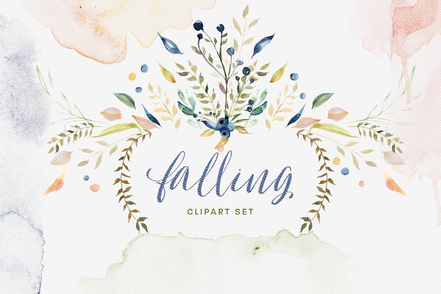 水彩花卉剪贴画合集[对象、花环&纹理] Falling Watercolor Clipart Bundle插图