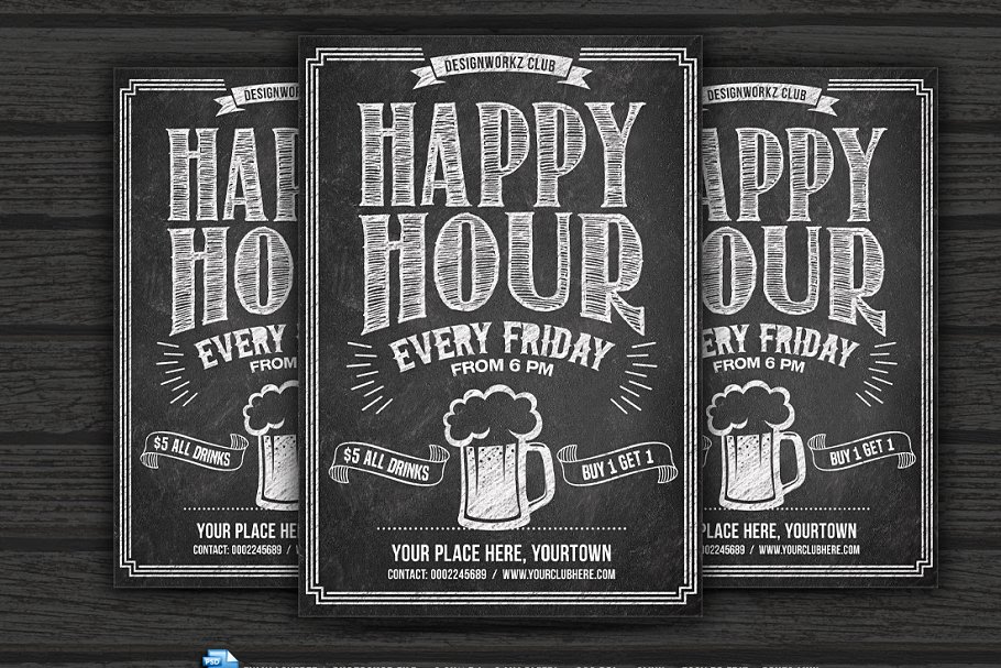 欢乐时光黑板画风格海报传单设计模板 Happy Hour Chalkboard Flyer插图