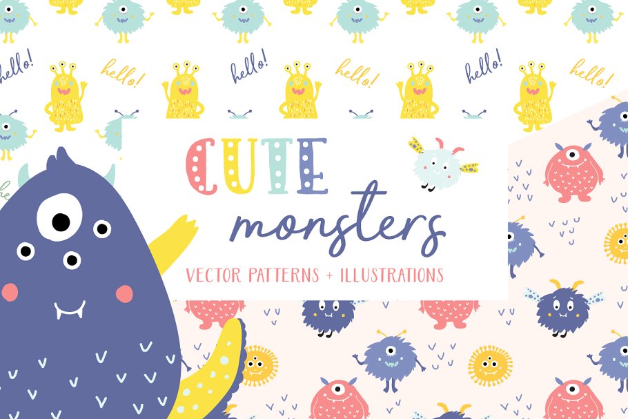 可爱的五颜六色怪物图案合集 Cute Monsters Patterns插图