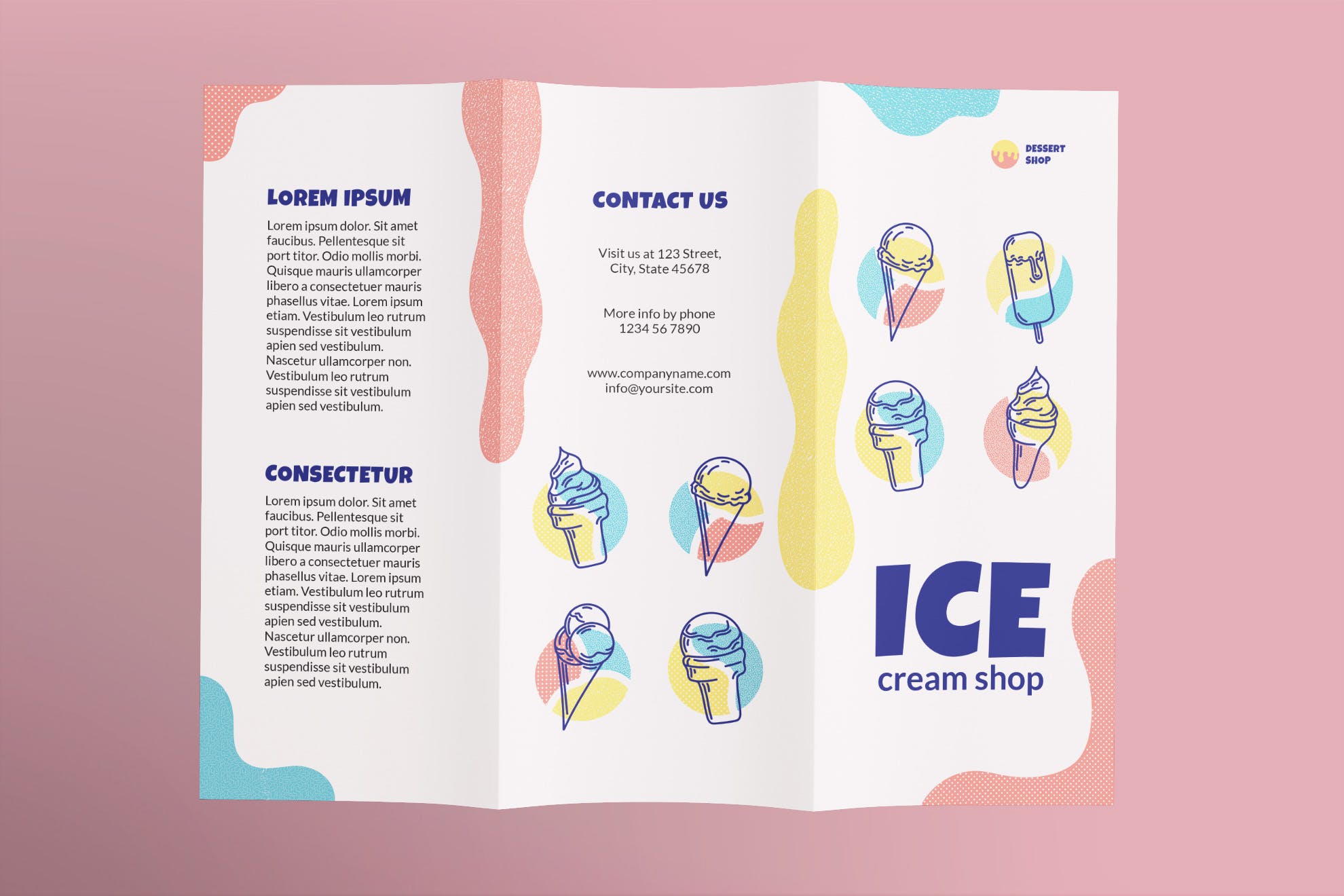 雪糕店三折页传单设计模板 Ice Cream Shop Brochure Trifold插图(1)