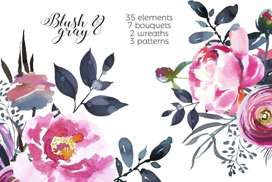 腮红和灰色水彩花卉插画 Blush & Gray Watercolor Flowers插图(6)