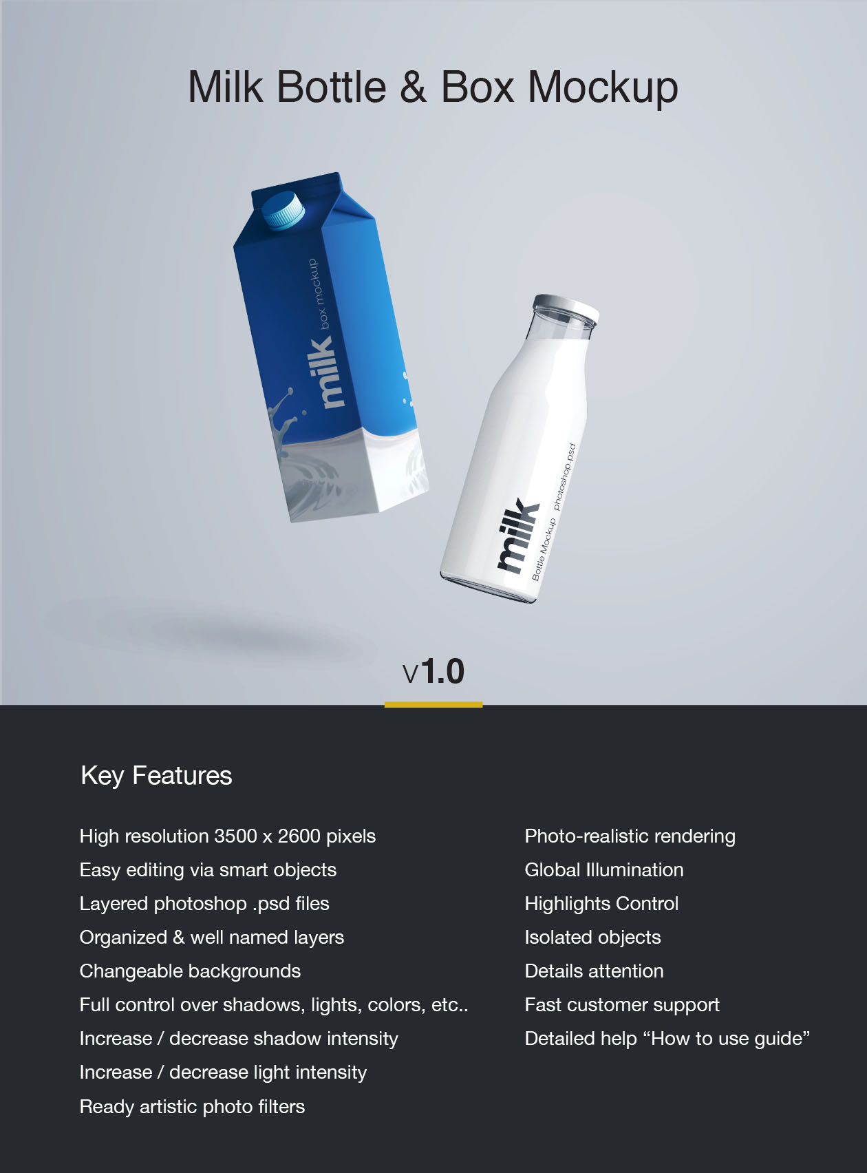 牛奶盒&牛奶瓶外观设计PSD样机模板 Milk Bottle Mockup – PSD插图