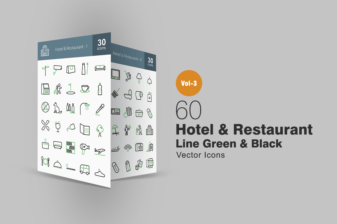 60枚酒店&餐厅线条图标素材 60 Hotel & Restaurant Line Green & Black Icons插图