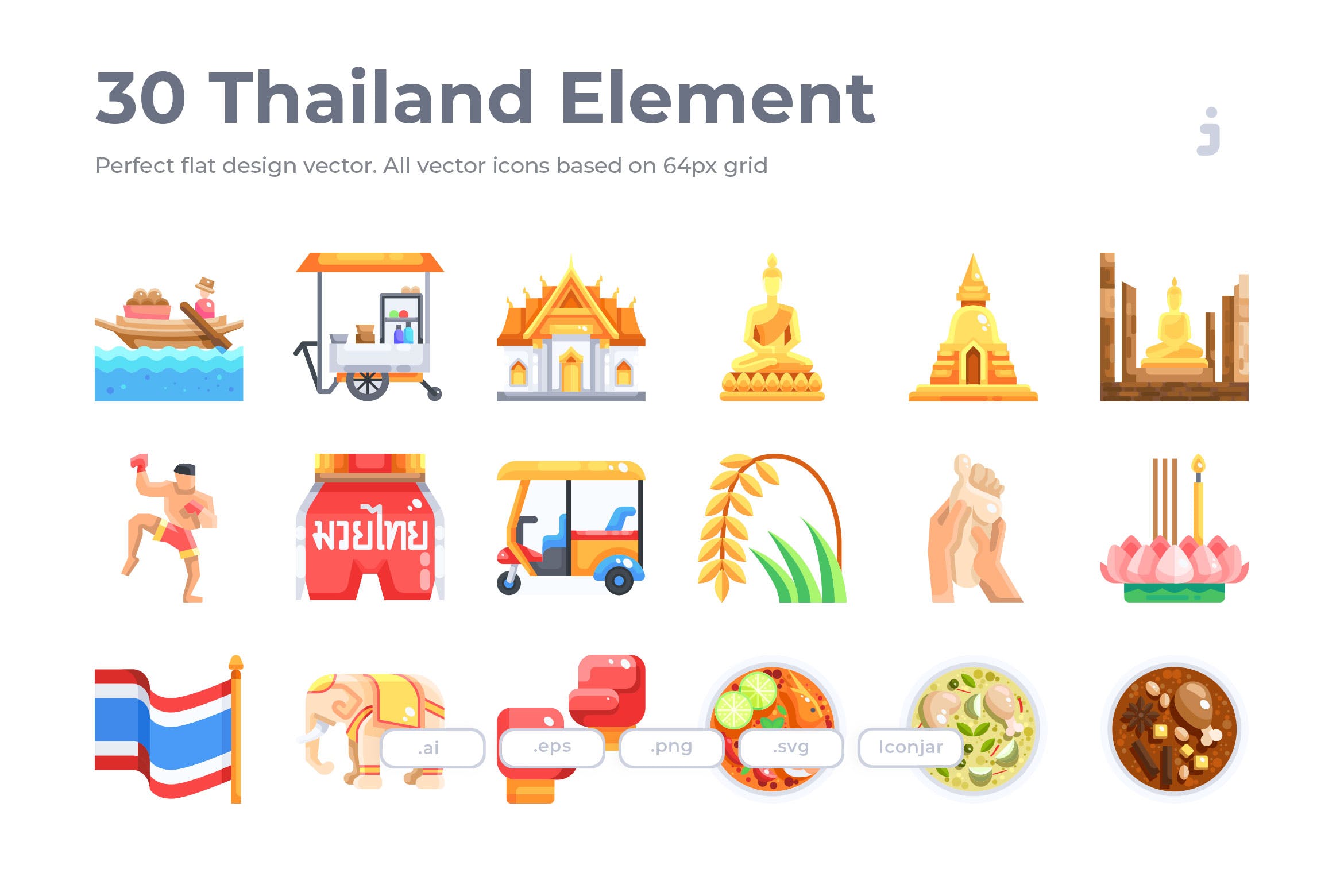 30枚泰国国家元素扁平设计风格矢量图标 30 Thailand Element Icons – Flat插图