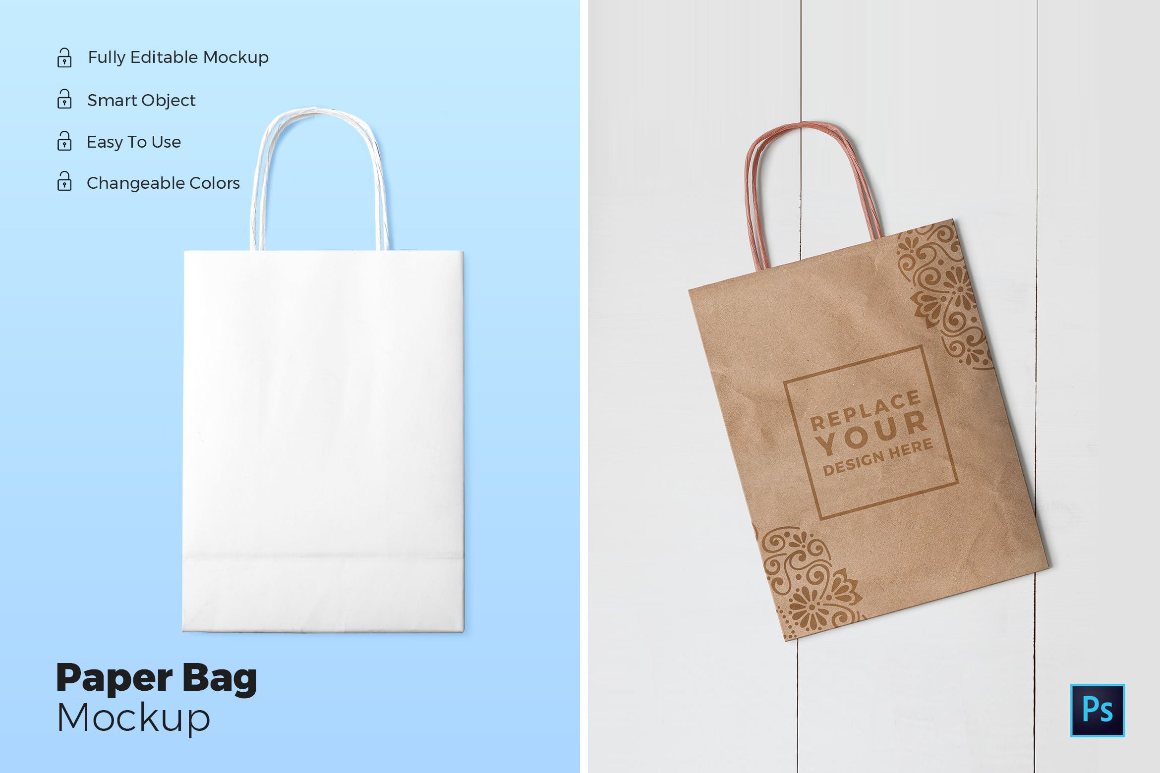 购物纸袋/牛皮纸袋外观设计展示图样机 Paper Bag Mockups插图