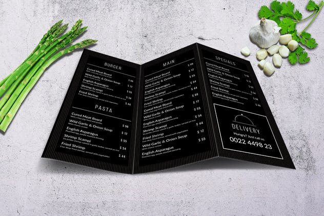 极简主义折页菜单模板 Minimal A4 Trifold Menu – 2 Color Versions插图(6)