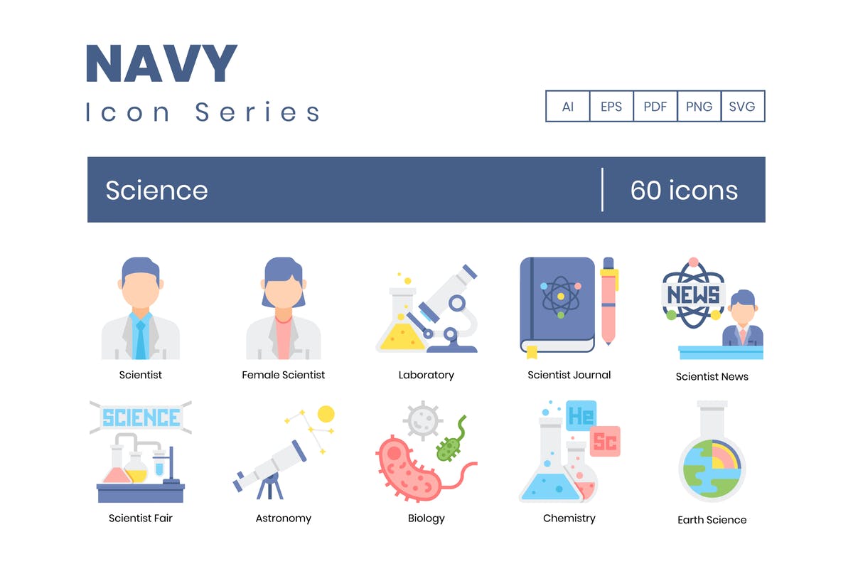 60枚科学技术主题海军蓝图标素材 60 Science Icons | Navy Series插图