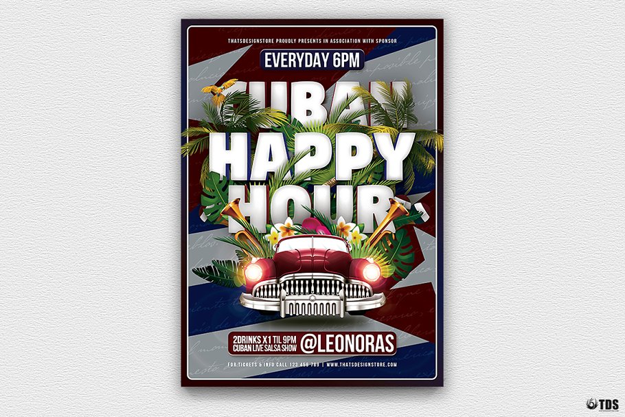 古巴欢乐时光节庆活动广告模板 Cuban Happy Hour Flyer PSD插图(1)