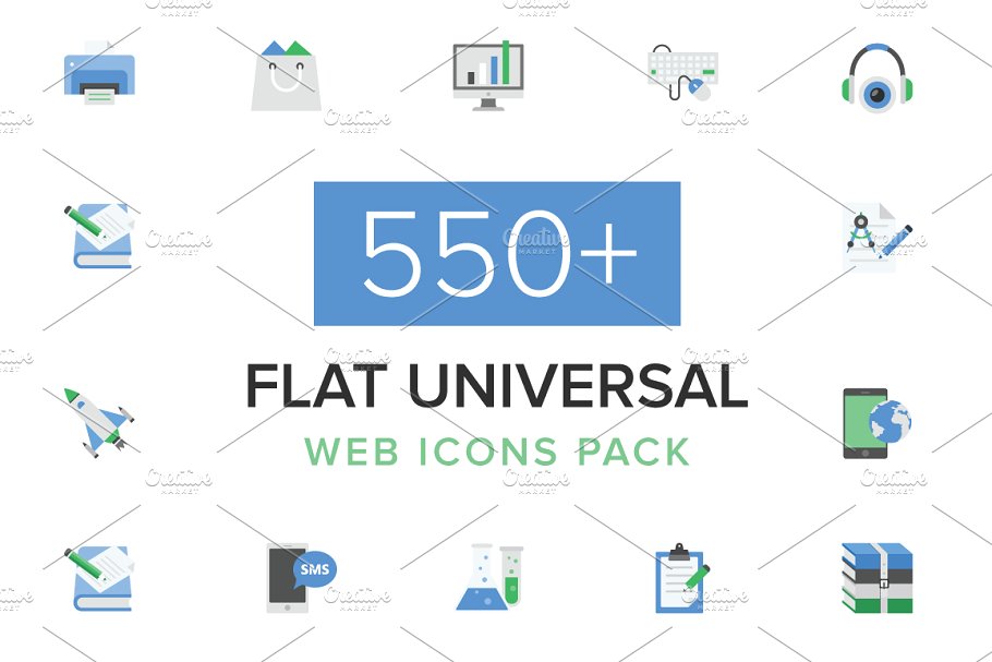 550+扁平通用互联网应用图标集 550+ Flat Universal Web Icons Pack插图
