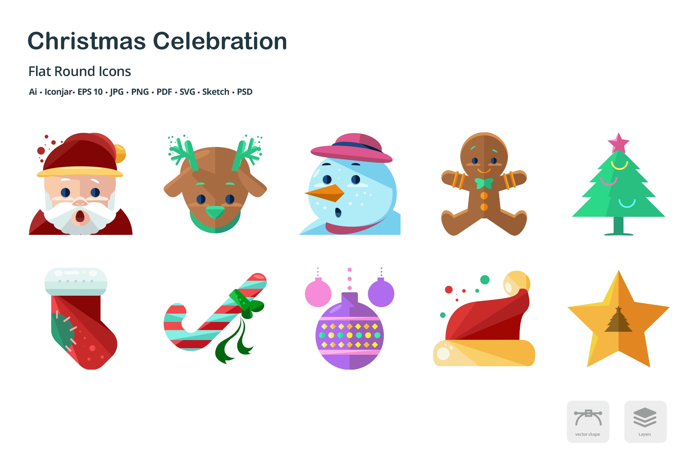 圣诞节庆祝主题扁平设计风格彩色图标 Christmas Celebration Flat Colored Icons插图