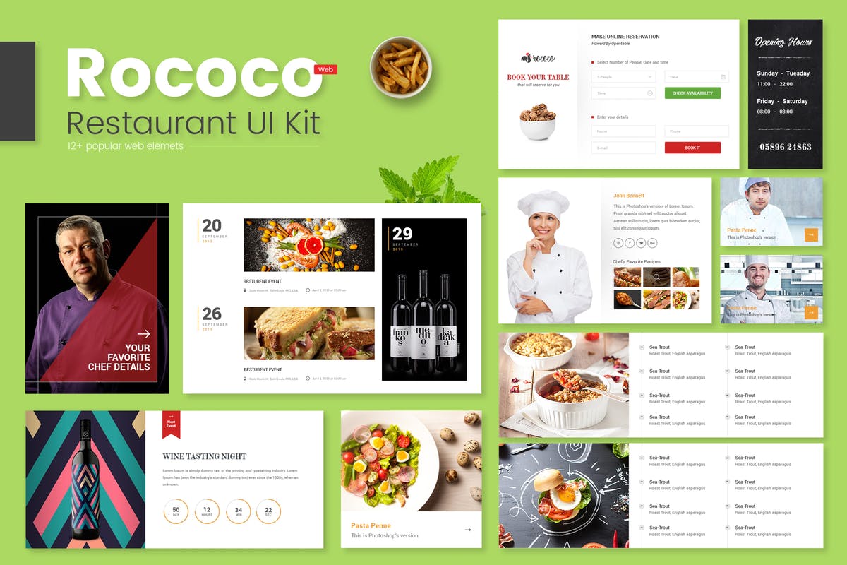 餐厅、咖啡厅和食品店网站UI套件UI模板 Rococo Restaurant Web UI Kit插图