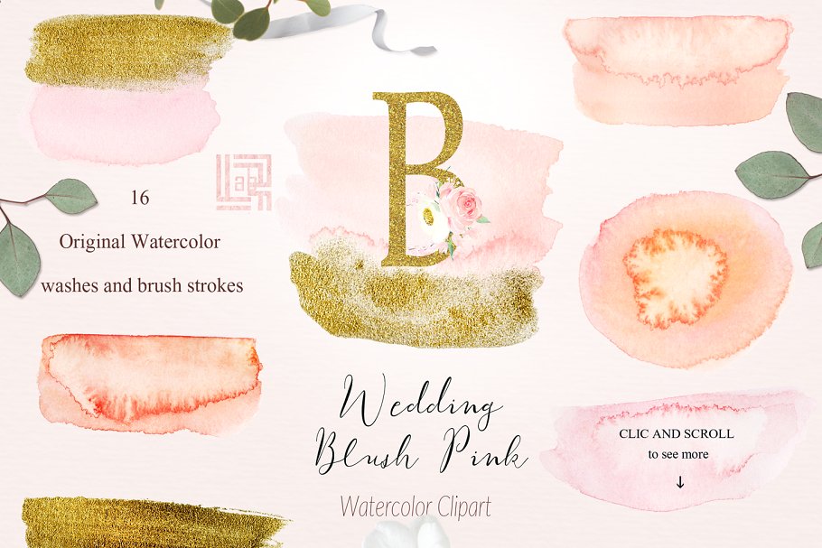 胭脂红水彩花卉元素，花环，花式字母… Blush pink bougainvillea插图(8)