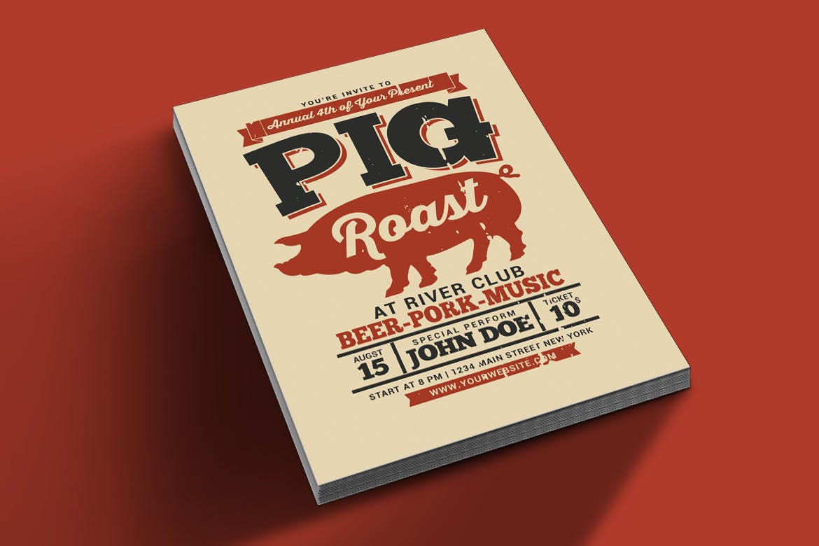 篝火/烧烤晚会活动宣传创意海报传单设计模板 Pig Roast Event Flyer插图(1)