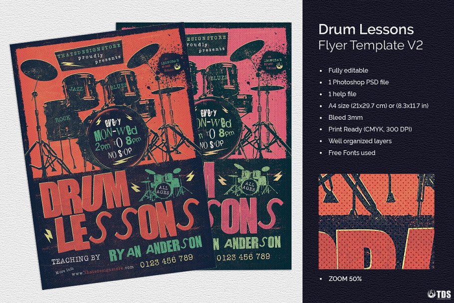 架子鼓培训宣传海报PSD模板 Drum Lessons Flyer PSD V2插图