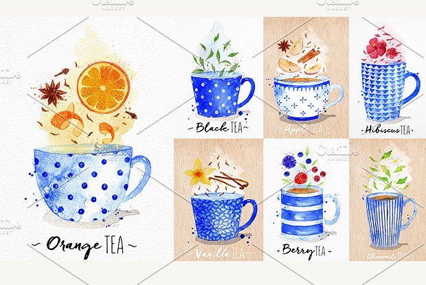 美丽如诗现代茶饮水彩菜单 Watercolor Tea Menu插图(3)